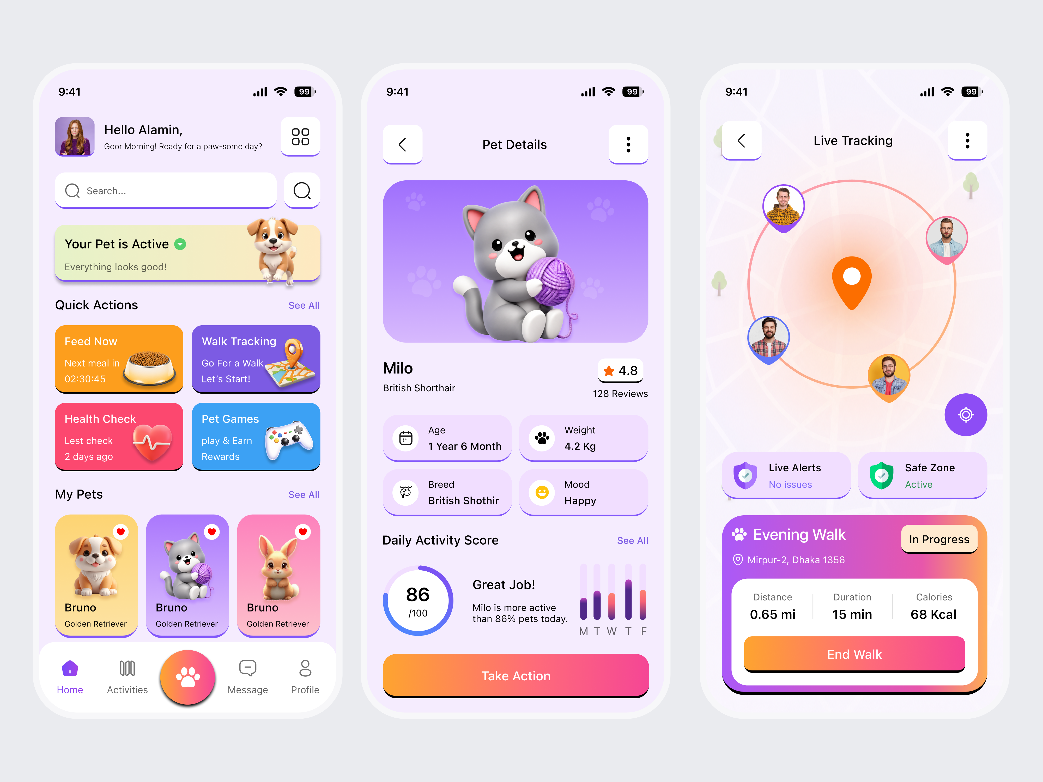 Pet Monitoring Mobile App Design activity tracker app design app ui dashboard ui details page figma design health app home page live tracking mobile app mobile ui modern ui pet app pet care pet tracker product design ui design ui ux user interface ux design