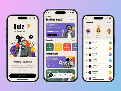 Quiz Learning Mobile App app interface challenge app clean ui daily quiz e learning app education app educational app gamification ui interactive design leaderboard ui learning app mobile app design mobile ui modern ui productivity app quiz app quiz ui design student app trivia app ui ux design