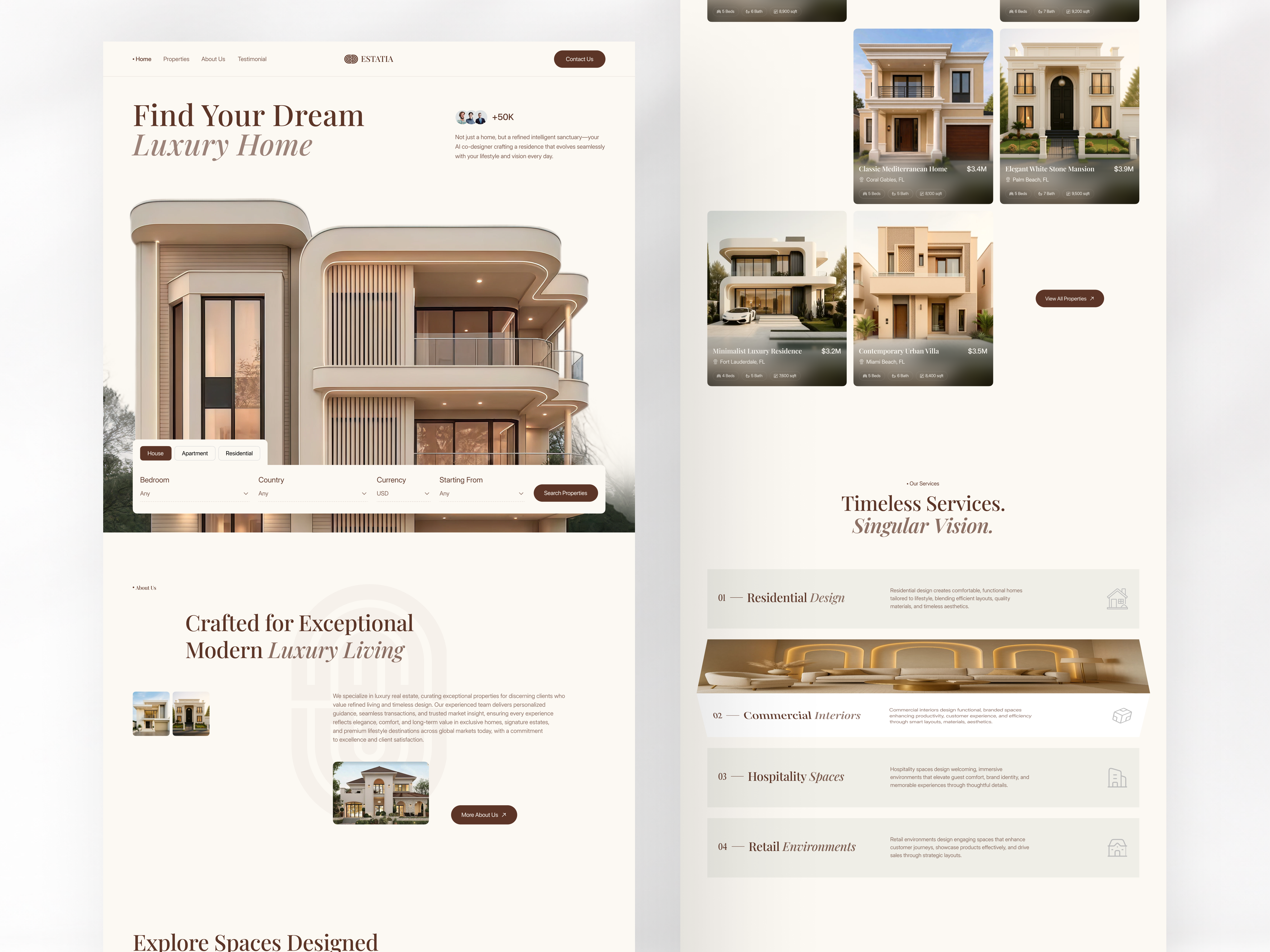 Statia Estates - Luxury Real Estate Website Design clean ui figma homepage design interior design website landing page luxury web design luxury website minimal web product design property listing property search real estate ui real estate website ui design uiux web design website design