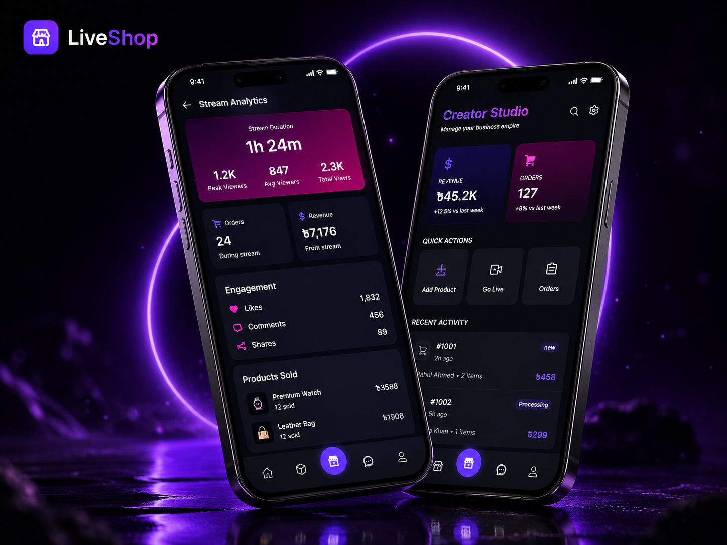 LiveShop — Seller App UI app dark app e commerce livestream mobile app seller app ui