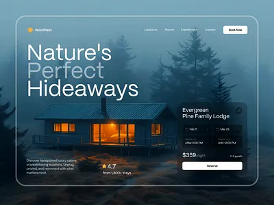 Landing Page Design for Lodge Booking animated ui booking website cabin booking creative design glassmorphism hospitality design interface design landing page luxury ui luxury website modern ui nature retreat resort website travel ui travel website ui ux ui ux design ux design web design website design