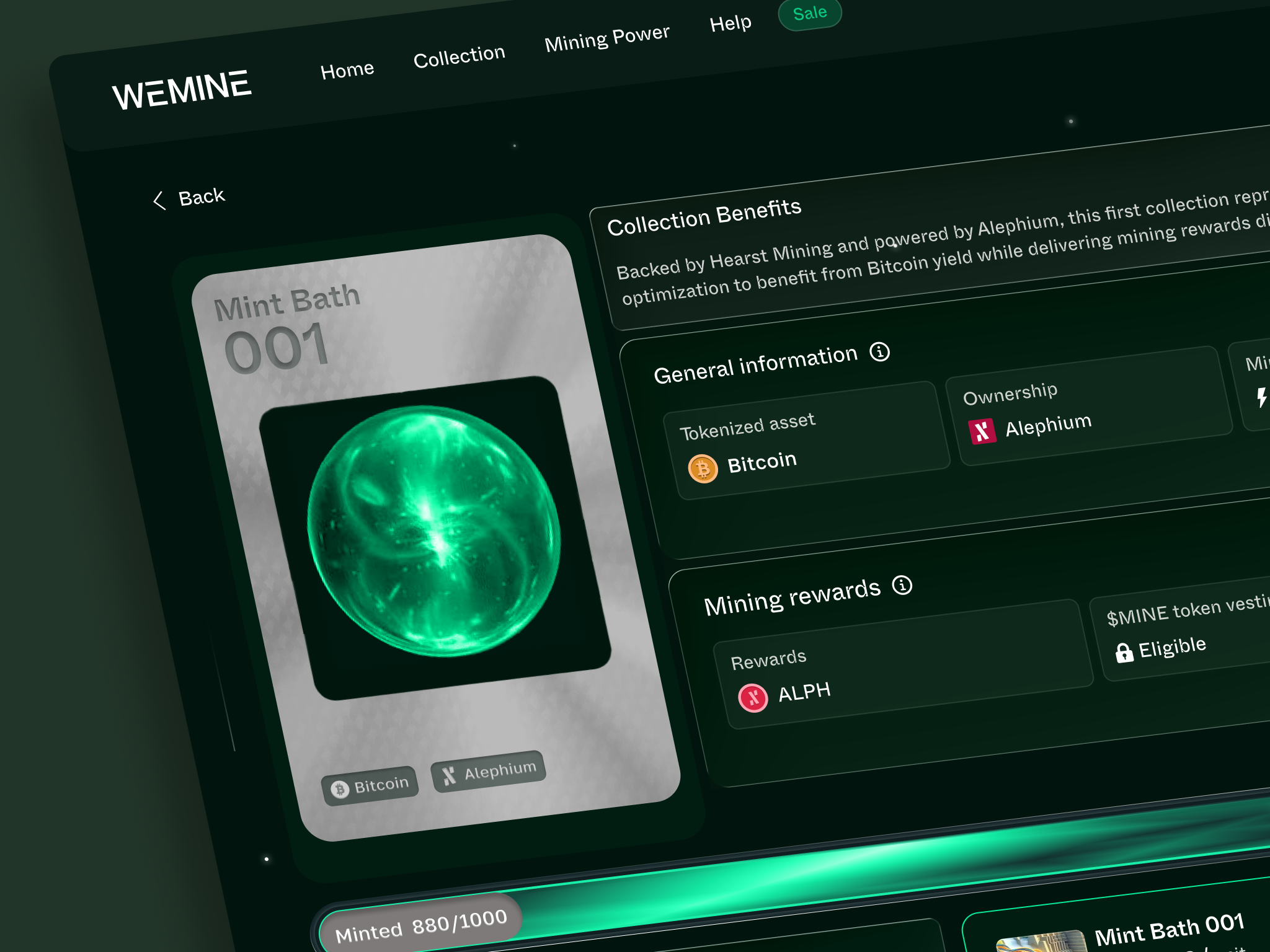 Crypto Mining NFT Sale — Dark UI Web Design b2bdesign blockchain boldui cleanui crypto darkui dashboard defidesign figma landingpage miningapp nftdesign productdesign saas tokenomics ui ux walletui web3design webdesign