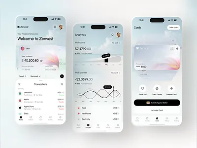 Zenvest — Fintech Banking App Design analytics dashboard app design banking app card management clean ui figma finance and digital banking app finance app fintech app ios app design mobile app mobile app design mobile ui neobank product design transaction ui ui design uiux wallet app
