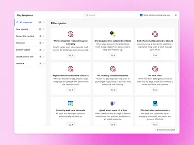 Play template library b2b clean design desktop library list modal popup product design prototype saas sales salestech select templates ui ux web website wizard