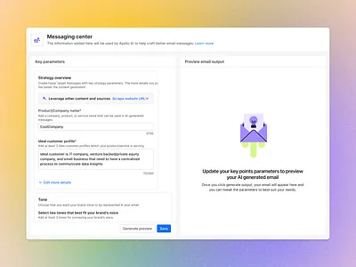 Messaging center ai b2b clean company info data design generative ai modal popup preview product design saas sales salestech settings tone training ui ux website