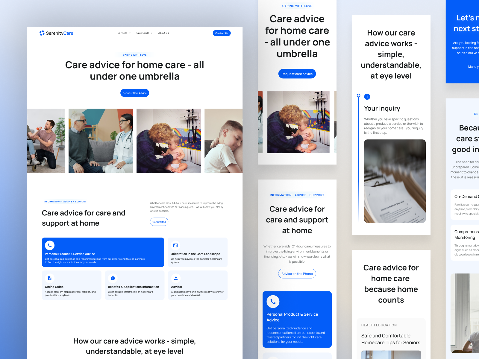 SerenityCare - Medical Homecare Website card care clean detail healthcare homecare landing landing page medical organization portfolio responsive screen search senior serenity ui design ux design website welness