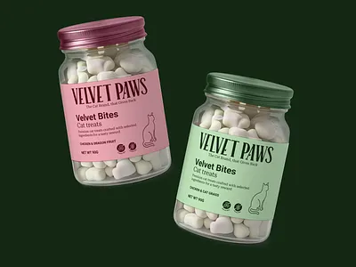 Velvet Paws | Logo and Packaging design arabic brand identity branding can cat design dragon fruit food food design graphic design jar label label design mint packaging packaging design paw pet qatar treats