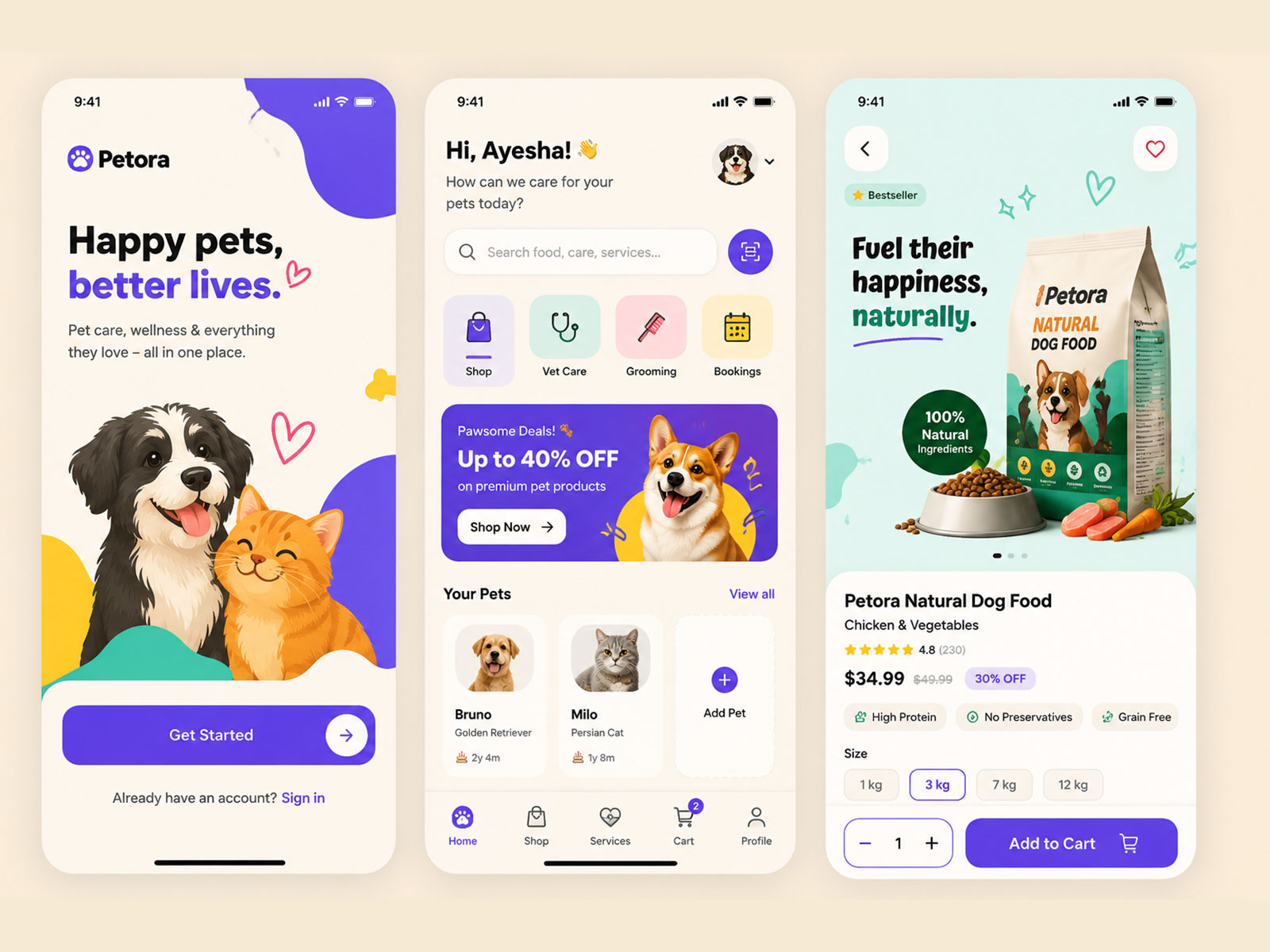 Pet Care & Shopping App Concept 🐾 app design app ui branding design dribbble figma figma design illustration mobile app mobile app design pet care pet care app product design shopping app startupdesign ui design ui ux design ux design
