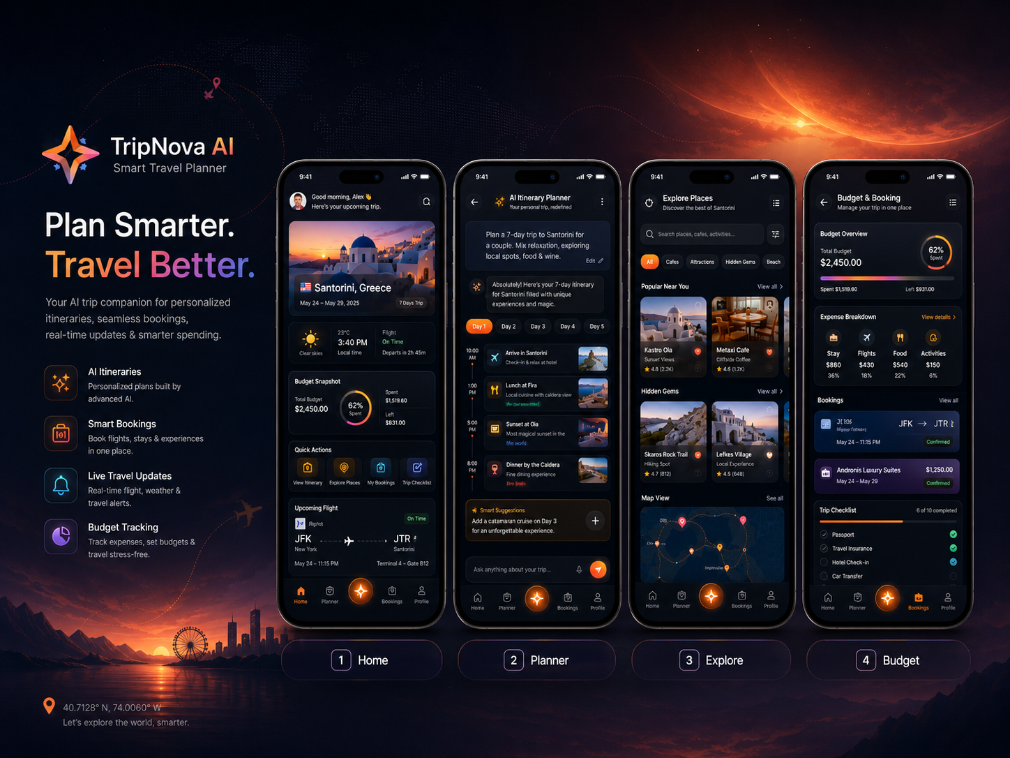 TripNova AI — Smart Travel Planner ai travel planner app design booking app dark ui dribbble glassmorphism itinerary planner mobile app design mobile ui product design tourism app travel app travel dashboard travel experience travel ui trip planner ui design user interface ux design vacation planner