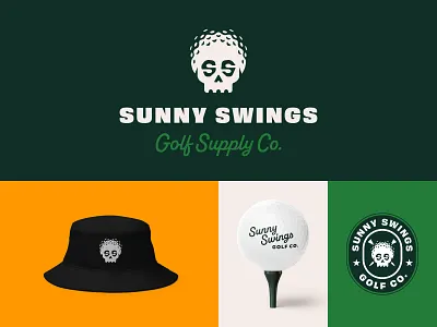 Sunny Swings Golf badges brand branding design golf golf ball graphic design hat identity illustration logo mark packaging print skull tee typography