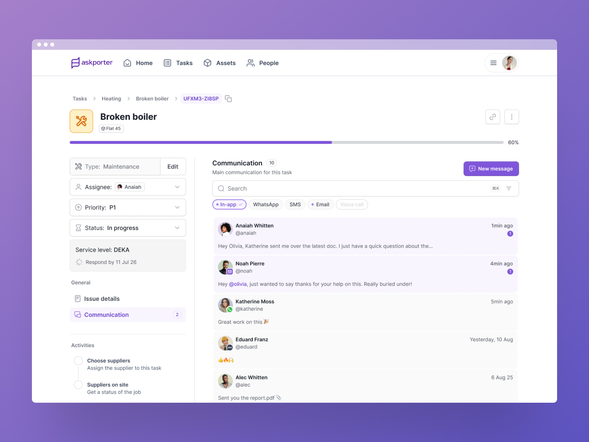 Task Communication for Askporter admin dashboard b2b collaboration communication platform dashboard enterprise software enterprise ux figma management platform messaging operations platform design product design saas task management ui design ux design web app workflow automation workflow design