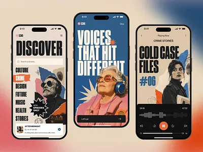 ECHO — Retro Editorial Podcast App app design branding collage art creative app editorial design editorial ui figma ios app mobile app mobile ui modern retro music app podcast app podcast player retro style retro ui typography ui design ui inspiration ux design
