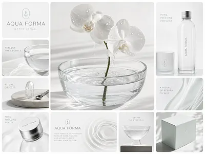 Brand Identity - Aqua Forma Water Ritual art direction bento grid brand presentation branding clean aesthetic corporate identity graphic design identity system layout design logo design luxury branding minimalist moodboard packaging packaging design product design skincare branding typography visual identity wellness