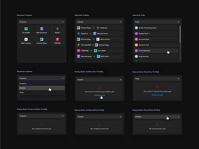 Workspaces component for profiles app collabs component dark mode design system dropdown empty state figma filter ui input manage member pods product design profile project management scroll select filter ui web3