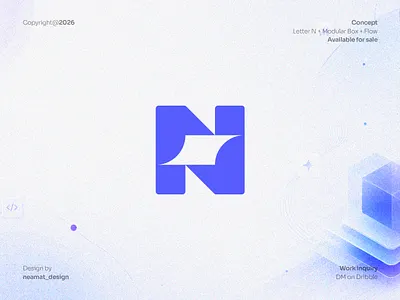 N Letter + Modular Box Logo Design availableforsale boxlogo brandidentity geometriclogo lettermark logo logodesign minimalistlogo modernlogo modular nlogo saas logo for sale saaslogo startupbrand tech logo for sale techlogo