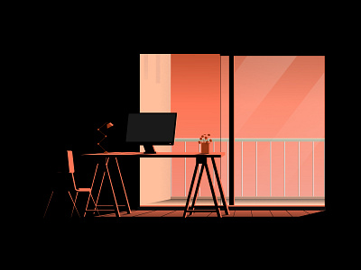 No-one's home balcony chair desk evening vibe house illustrator interior lamp monitor vector