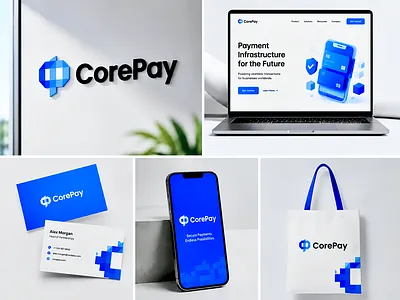 CorePay logo design blue branding card exchange gateway logos money payment payment gateway security shopping tech trust vector