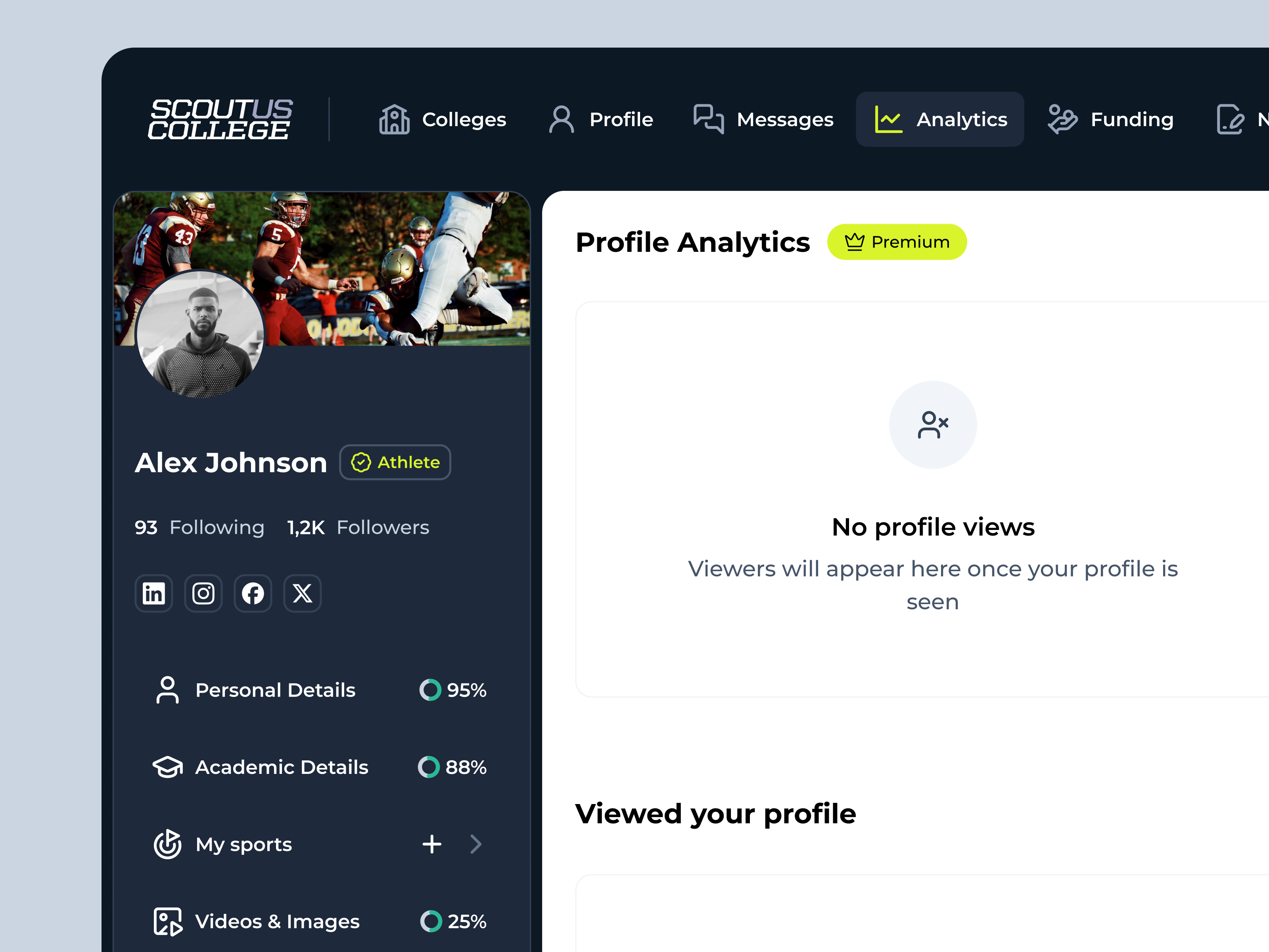 Sidebar analytics athlete avatar banner dashboard empty state figma navigation platform product design profile sidebar social sports statistics ui ux