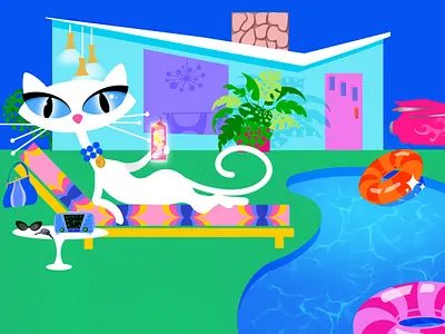 FiFi the Cat Relaxing by the Backyard Pool character digital illustration illustration mcm palm springs poolside