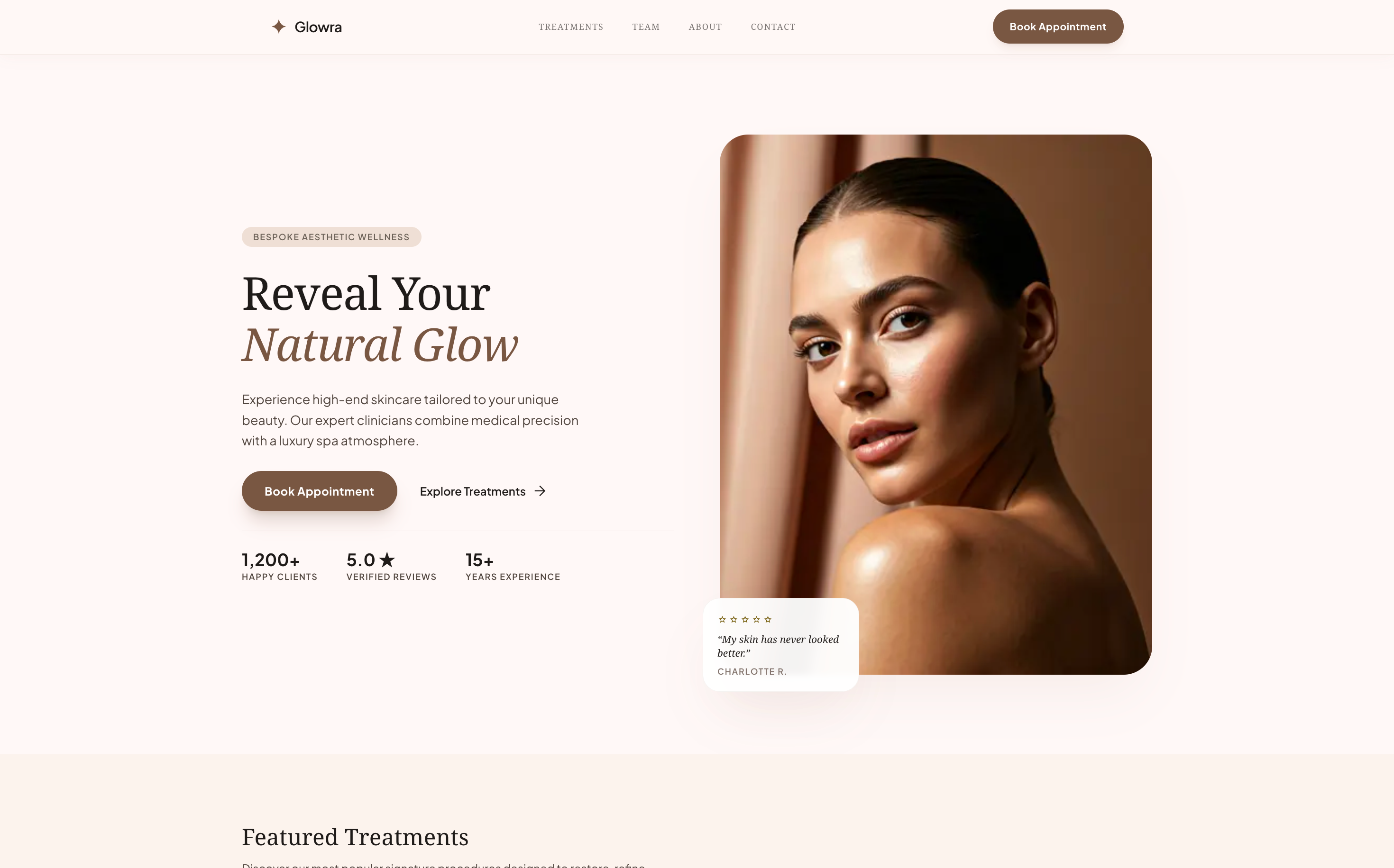 Glowra — Modern Creative Portfolio Design System beauty clean cream gold grid modern nature next react skincare template ui webdesign website women