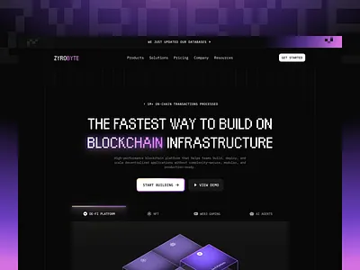 Zyrobyte - Web3 Infrastructure Platform - Homepage 3d blockchain agentic ai blockchain infrastructure dark ui defi platform design enterprise ui homepage design isometric design neon purple pixel ui purple gradient purple ui ui uidesign uiux ux uxdesign web3 design web3 website
