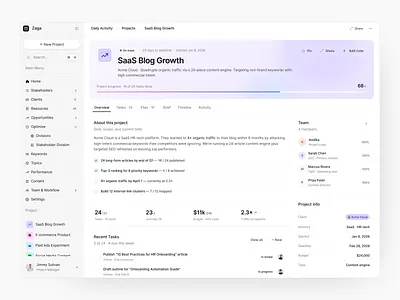 Zaga - Project Management Dashboard: Project Details b2b clean client crm dashboard korsa management minimalist product design project project details project management project manager saas team workspace timeline ui ui design ux workspace