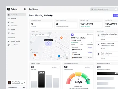 Rebuld - AI Job Management Dashboard ai ai management animation artificial intelligence b2b clean crm dashboard job management tool live tracking management tool minimalist modern product design project management dashboard saas startup ui design web app workforce management