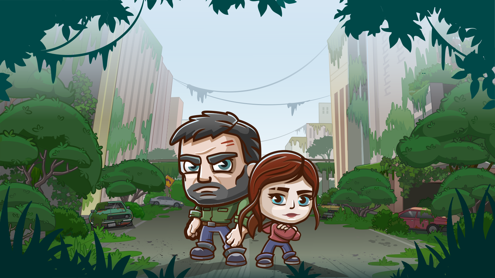 Duo Survival - complete 2D game art production 2dar adventuregame backgroundart cartoonart casualgame characterart conceptart digitalart environmentdesign fantasyart gameart gameassets gameillustration illustration indiegame postapocalyptic survivalgame vectorart visualdesign zombiesurvival