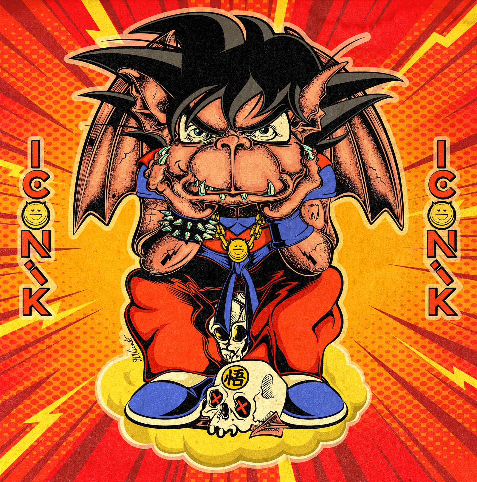 TEEN GARGOYLE #29 – GOKU VIBES anime anime tribute cartoon character comic energy creature david vicente dragon ball dragon ball z gargoyle goku illustration lowbrow art manga monster orange and blue pop culture retro shonen energy vintage texture