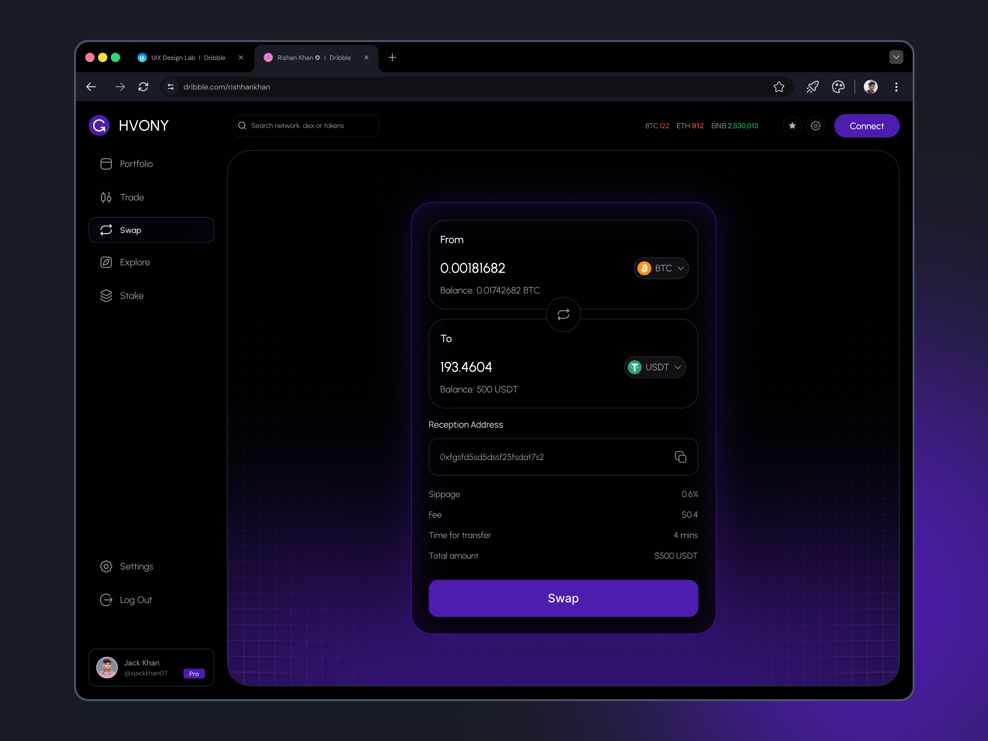 Crypto Swap Dashboard bridge crypto crypto dashboard crypto exchange crypto swap cryptocurrency dapp darkmode defi swap swapping trade ui ux web design web3