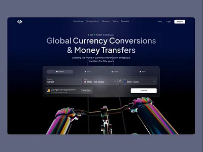 Global Currency Conversion — Fintech Landing Page 3d animation arkui creative currencyexchange design finance fintech glassmorphism herosectio interactiondesign modernui moneytransfer motiondesign product prototype uidesign uxdesign web web3