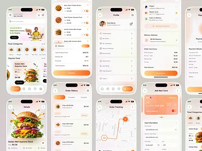 Food Delivery Mobile App Design appdesign cleanui deliveryservice deliverytracking ecommerceapp foodapp foodappdesign fooddelivery foodordering grocerydelivery minimal design mobile app mobileappdesign modern design modernui onlinefoodorder ordertracking product design restaurantfinder uiuxdesign