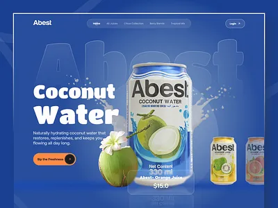 Abest — Juice Brand Landing Page UI Design app design beverage branding blue ui coconut water e commerce ui figma food drink hero section juice brand landing page minimal packaging design product page trendy typography ui design ux visual identity web design