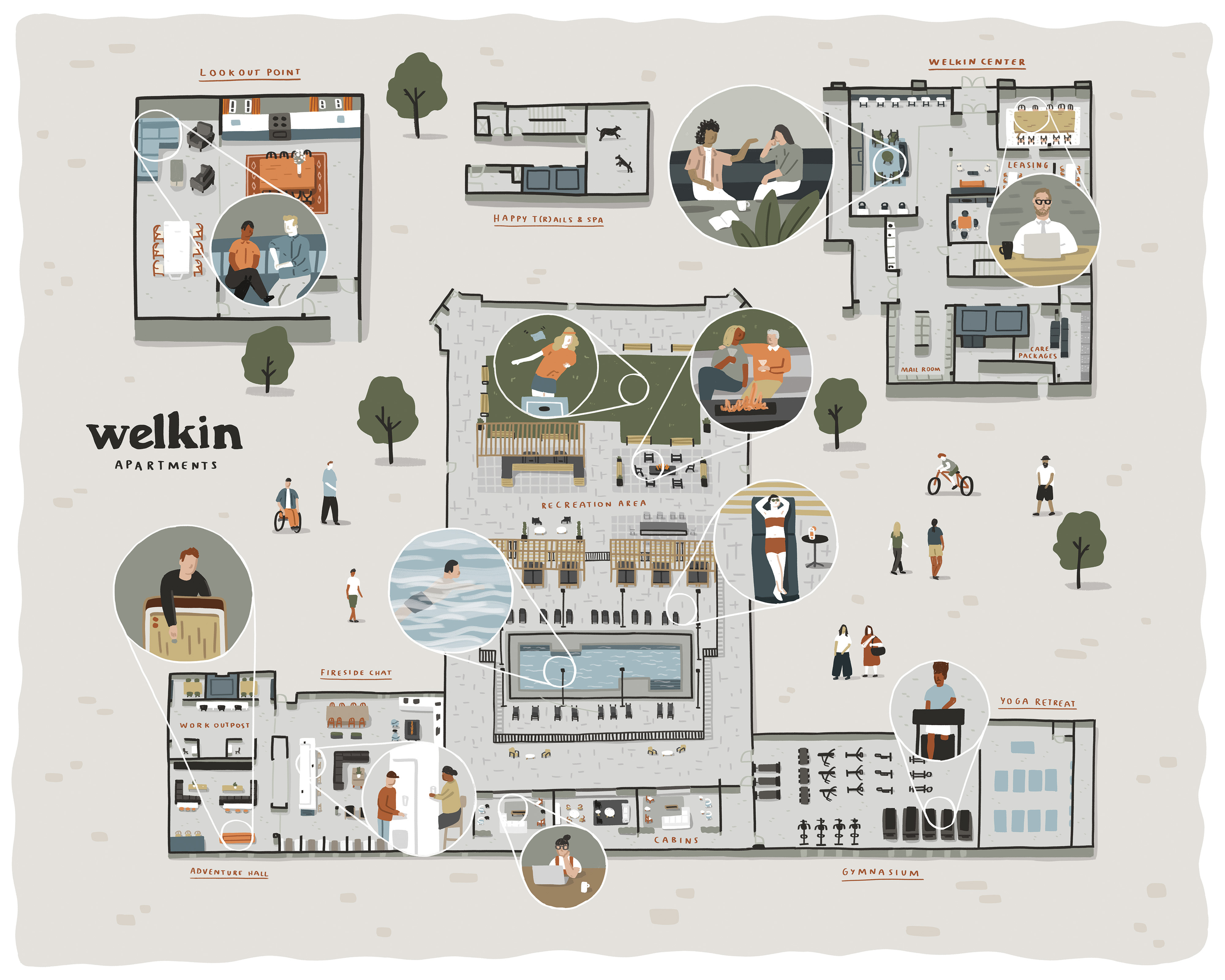 Floor plan site map illustration for Welkin Apartments illustration map map illustration people