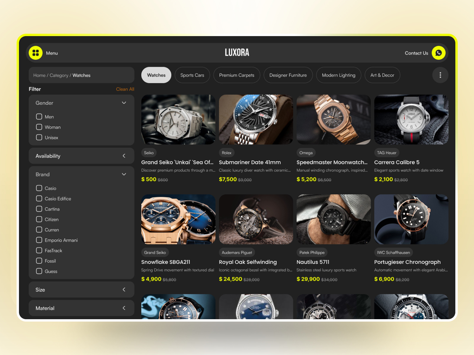Luxora - E Commerce Product Listing Page application design catalog design e commerce ecommerce platform landing page luxora luxury e commerce platform luxury ui luxury watch marketplace online shoping product design product listing product listing page shopping website watch platform we platform web design website website design