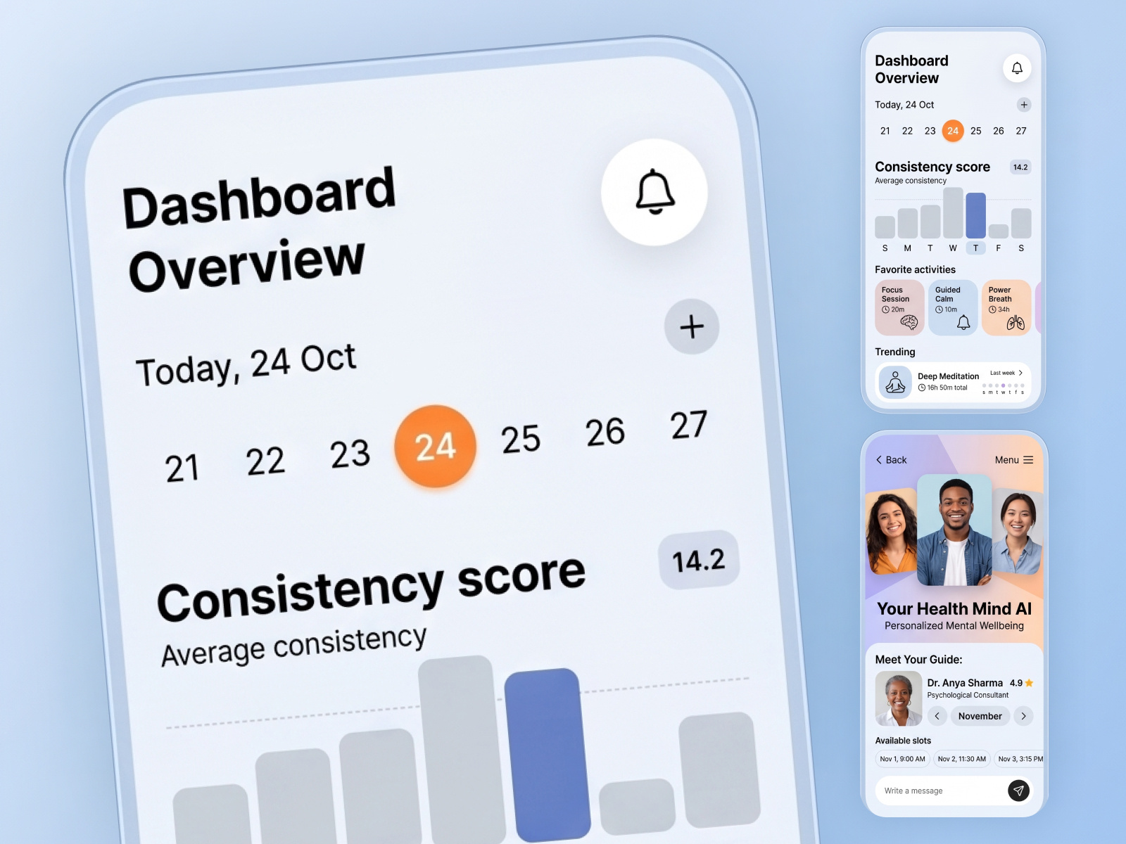 Mind Performance Hub — AI Mental Wellness Mobile App UI ai health app calm design habit tracker healthcare ui lifestyle app meditation ui mental health platform mental wellness app mindfulness design mobile experience mobile ui design pastel interface productivity app self care app ui inspiration user experience wellness dashboard wellness technology