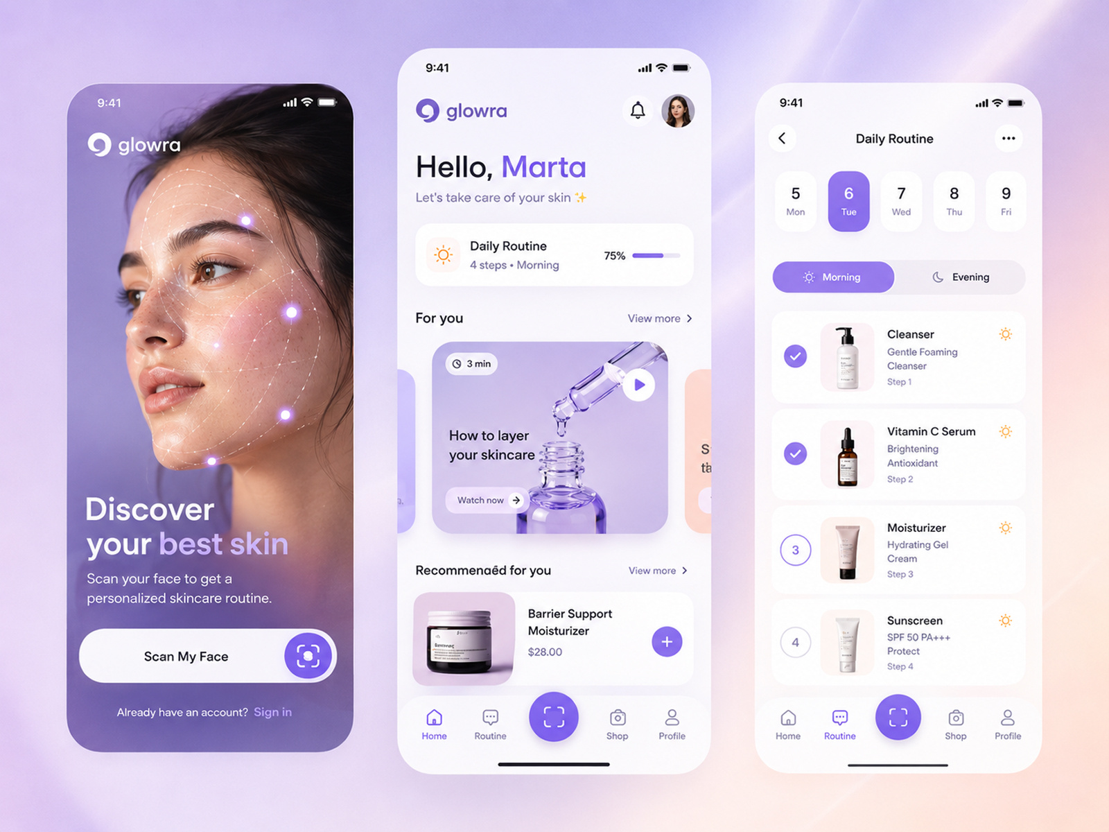 Glowra — AI Powered Skincare Mobile App Screen Design ai ai skincare app inspiration beauty app ui beauty dashboard clean design cosmetic app face scan app healthcare ui minimal ui mobile app design modern interface product recommendation routine tracker self care app skincare app techwitpro ui inspiration user experience wellness app