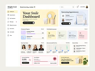 Bright Smile Dental Studio appointment booking clean ui dashboard design dental app dental care dental ui fintech healthcare healthcare dashboard healthcare ui healthtech medical app minimal ui oral health pastel colors patient dashboard patient portal saas dashboard ui design ux design web app design