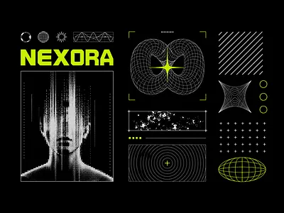 Graphic Assets - Nexora Futuristic Acid Graphics abstract shapes acid graphics branding brutalism cyberpunk futuristic glitch art graphic design hud elements illustration neon green poster design sci fi techwear texture typography ui design vector assets wireframe y2k aesthetic