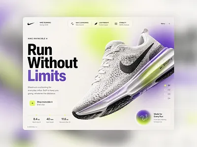 Landing Page - Nike Running Sneaker UI clean e commerce footwear interface landing page minimalist neon green nike online shop product design product page purple running sneaker sports typography ui ux web design website