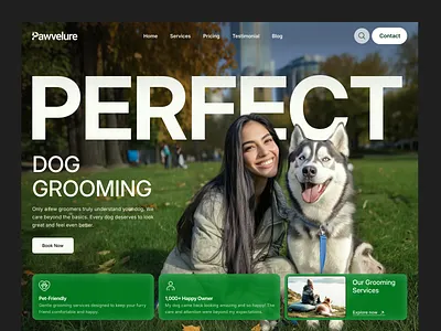 Pawvelure – Pet Grooming Service Website UI/UX Design animal business dog grooming grooming service healthcare landingpage minimalist pet pet care pet groomer pet grooming pet grooming website pet healthcare pet love petcare service uiux veterinary website
