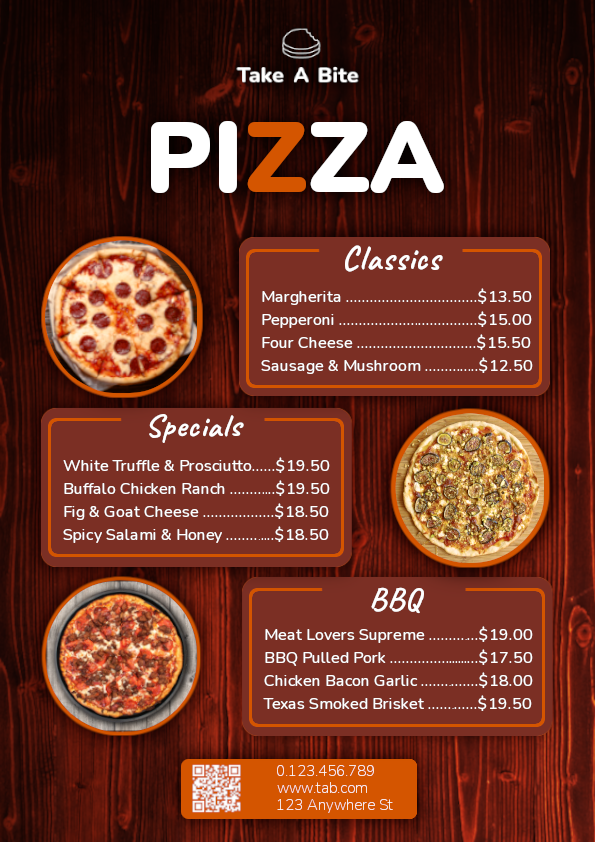 Pizza and Burner Menu for restaurant "Take A Bite" design fast food graphic design illustration menu menu design restaurant stationery typography