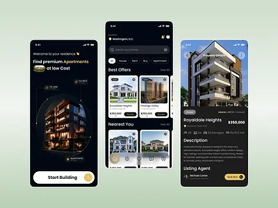 Real Estate Mobile App UI apartmentapp apartmentbooking darkmodeui dribbble luxuryui mdalamin mobileappdesign mobileui propertyapp realestateapp realestatedesign uidesign uxdesign
