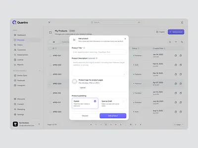 Quantro - Add product billing create product creator digital product digital product saas ecommerce ecommerce design product design product management product selling ryt brothers saas saas ui subscription web app web app design yc