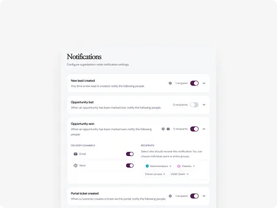 Notification Settings UI — CRM SaaS Dashboard admin panel b2b saas crm ui dashboard design figma form design notification settings product design saas dashboard settings ui toggle ui ui design user interface ux design web app design