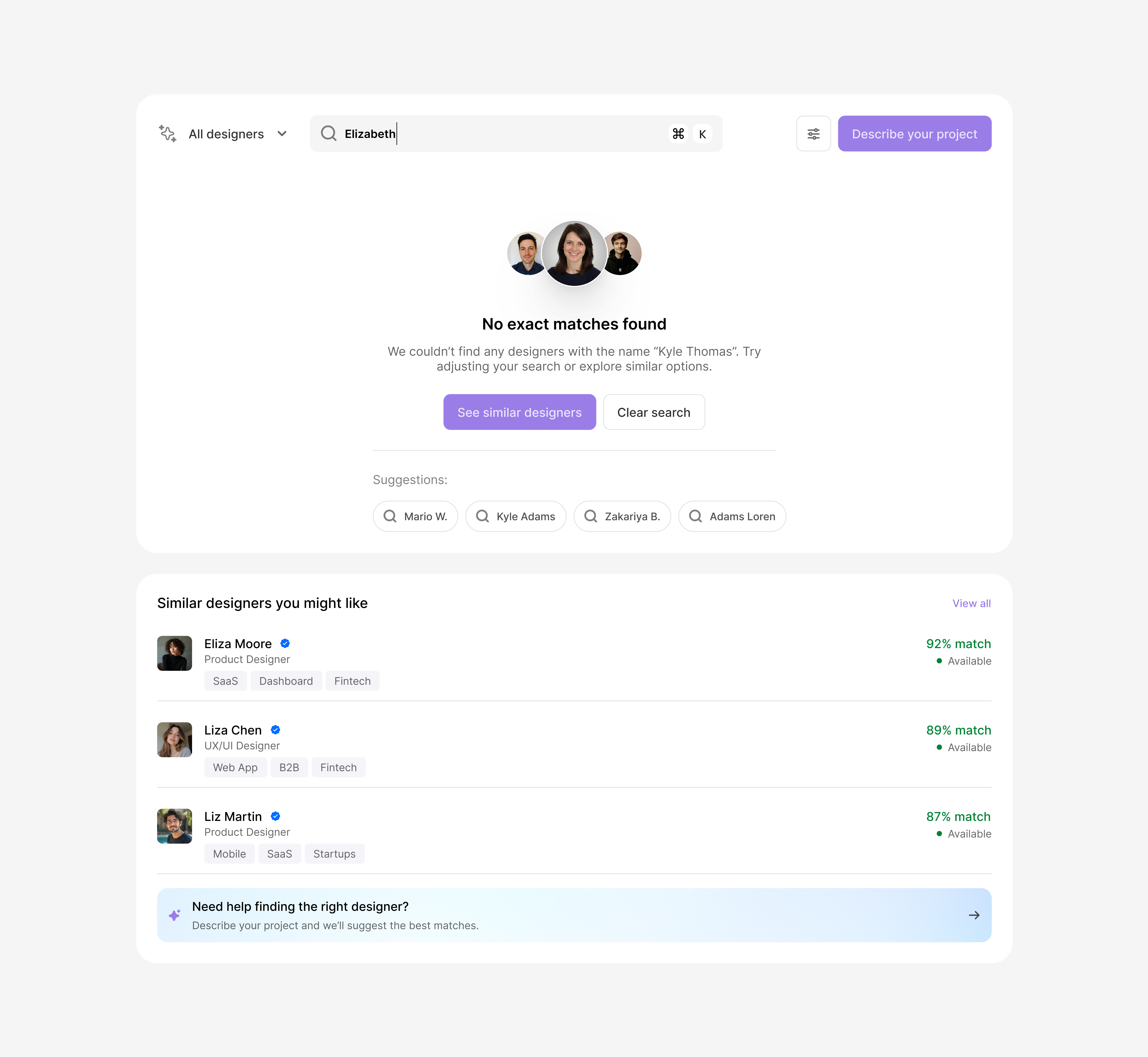 Smart Marketplace Search UX ai search dashboard discovery experience fintech ui hiring platform interface design marketplace minimal ui product design saas uiux ux design web app web design