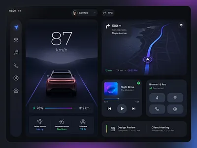 Car UI Dashboard app design automotive design automotive ui car ui connected car dark ui dashboard design electric vehicle ev dashboard glassmorphism infotainment interface design mobility design navigation ui neon ui product design smart car ui design ux design vehicle dashboard