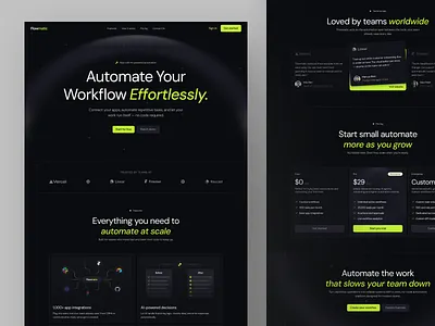 Flowmatic - Automation Platform Landing Page automation cloud dark mode flowmatic landing page landing page design productivity saas software tech ui ui design uiux uiux design ux web web design website website design workflow