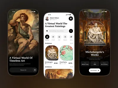Modern Immersive Digital Art Exhibition App Concept art art gallery app artwork marketplace ui classical art gallery clean mobile ui cultural app design dark mode ui e commerce fine art mobile app minimalist app design modern art app museum guide app online shop product design serif typography design virtual exhibition app visual design
