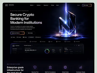 Novara — Institutional Crypto Banking Platform 3d design blockchain crypto crypto banking dark mode dashboard digital banking financial services fintech hero section homepage institutional landing page product design saas ui design ux design web design web3 website